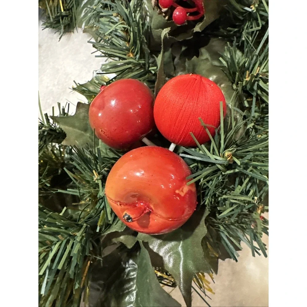 Pair Of Vintage Holiday Wreaths/candle Rings With Apples/berries/pine‎ Cones